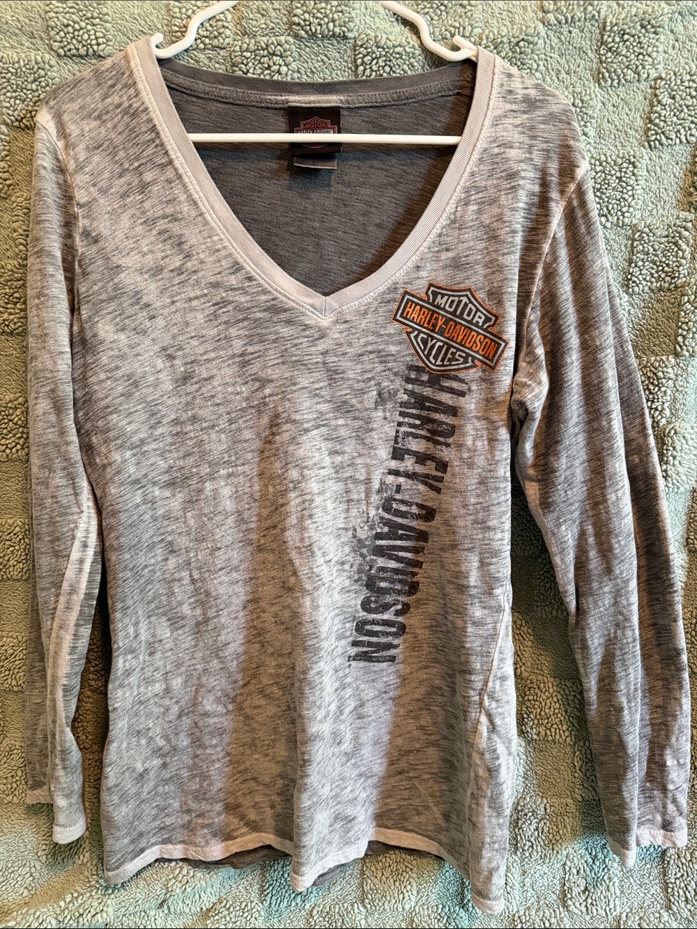 Harley-Davidson Gray V-Neck Long Sleeve Top with Orange Shield Accent